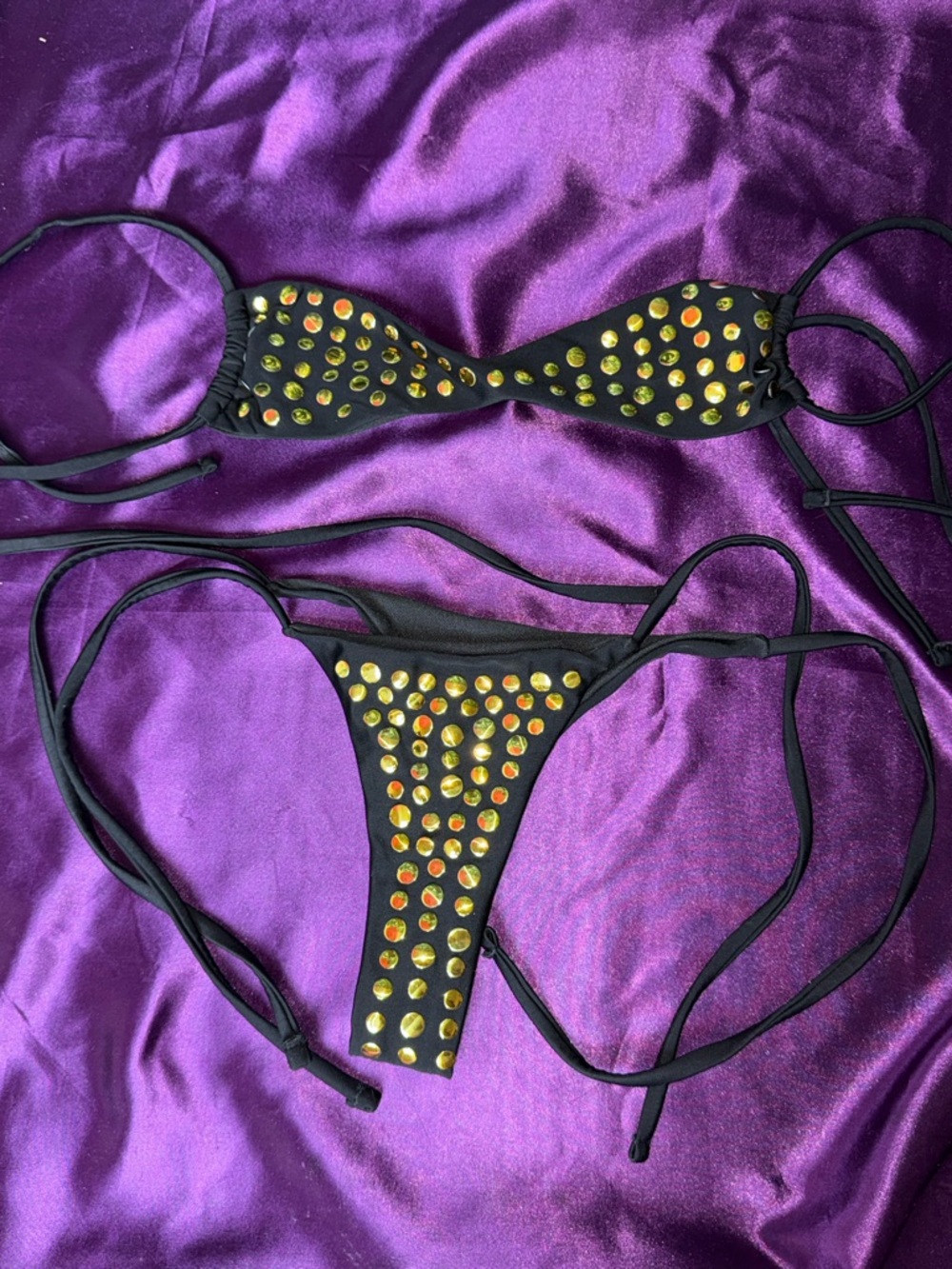 Black Studded Micro Bikini with Gold Iridescent Gems